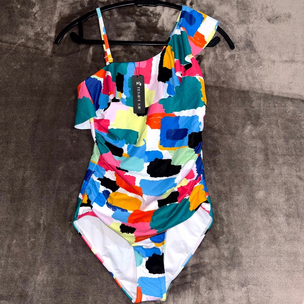 Tempt Me One Piece Swimsuit Small NWT One Shoulder Abstract Print Ruffle